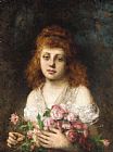 Auburn-haired Beauty with Bouqet of Roses by Alexei Alexeivich Harlamoff